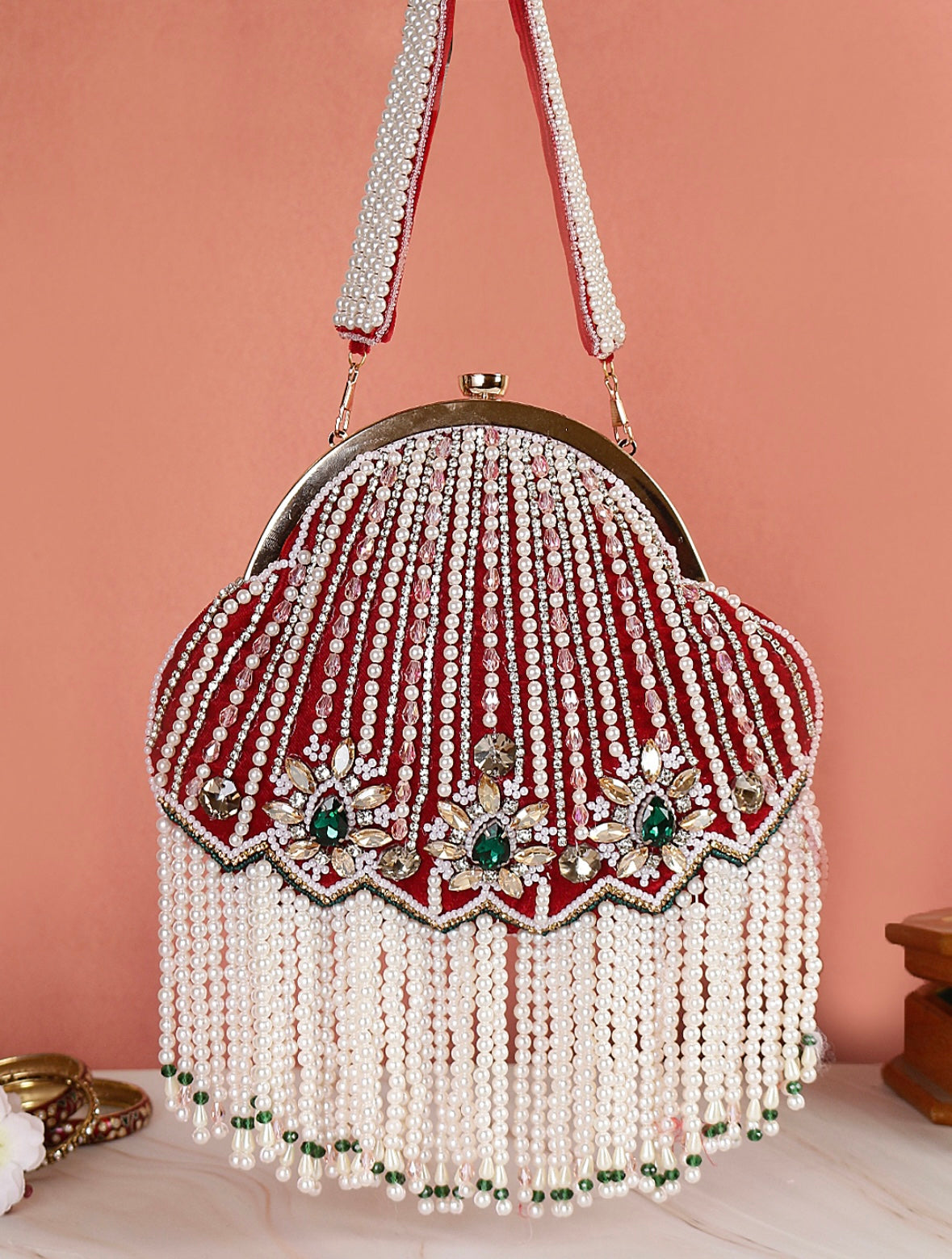 Red Embroidered Pearl Beads Potli Clutch