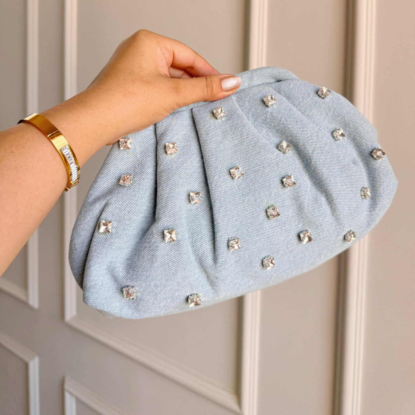 Crystal Mist Denim Clutch