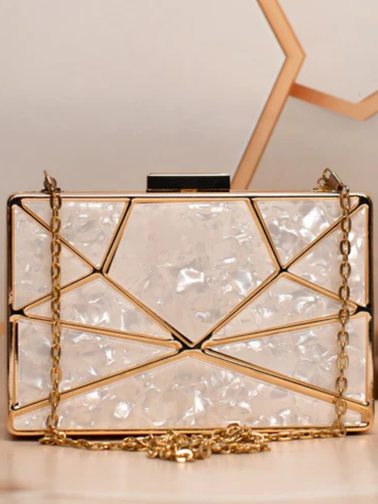 White Acrylic MOP Cutout Metal Clutch