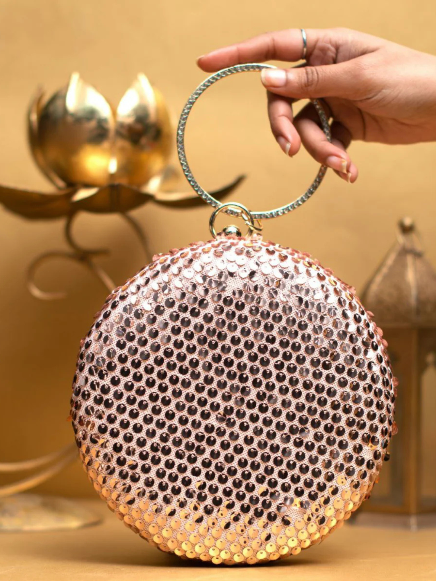 Pastel Pink Sequins Embroidery Round Clutch