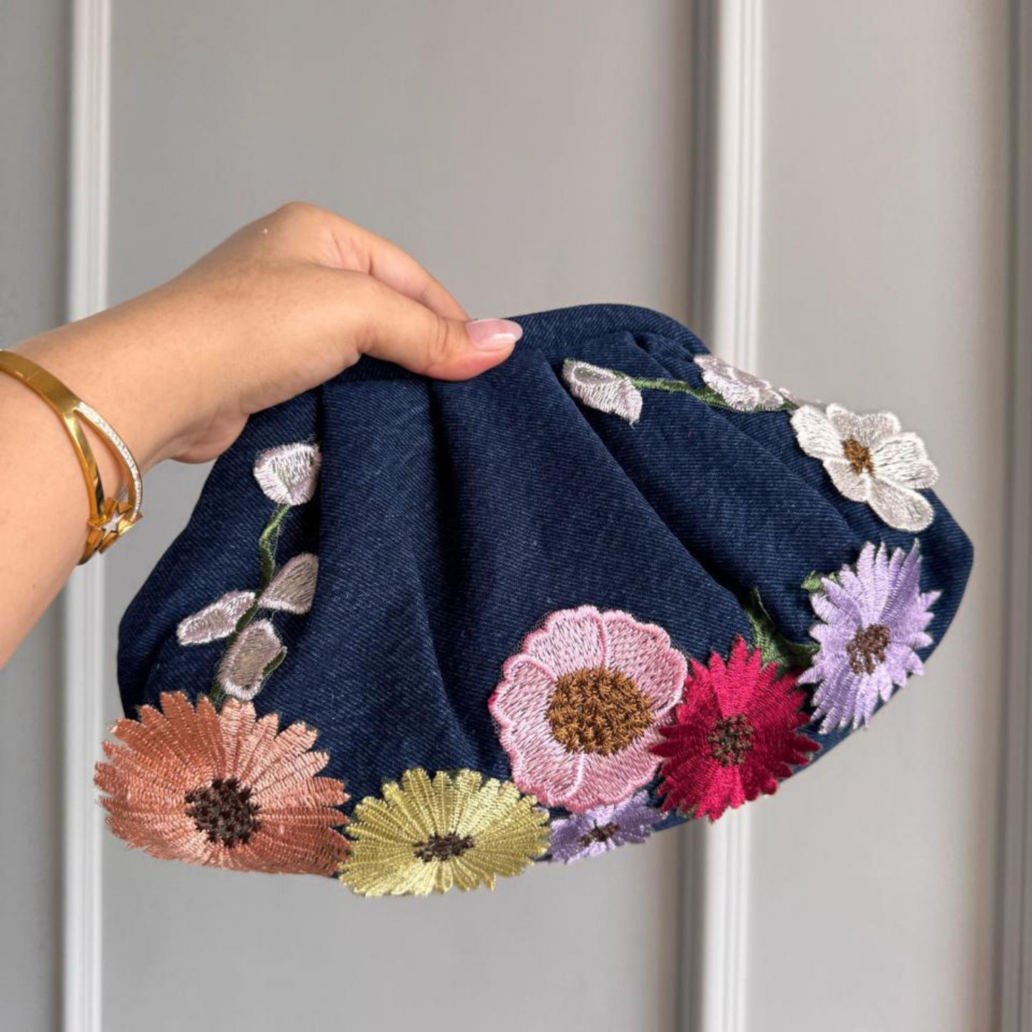 Dusky Florals Denim Clutch