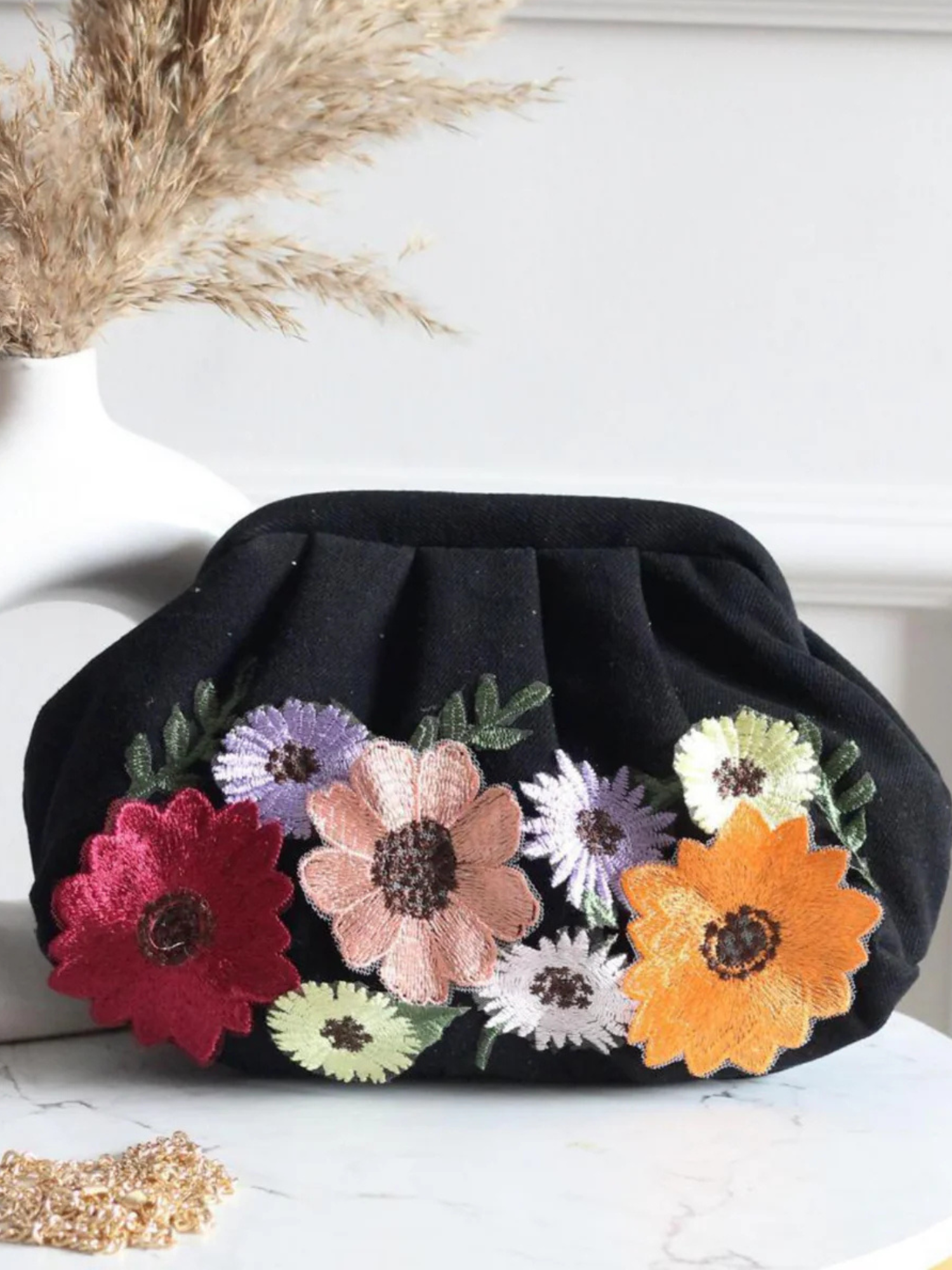 Black Botanique Denim Clutch