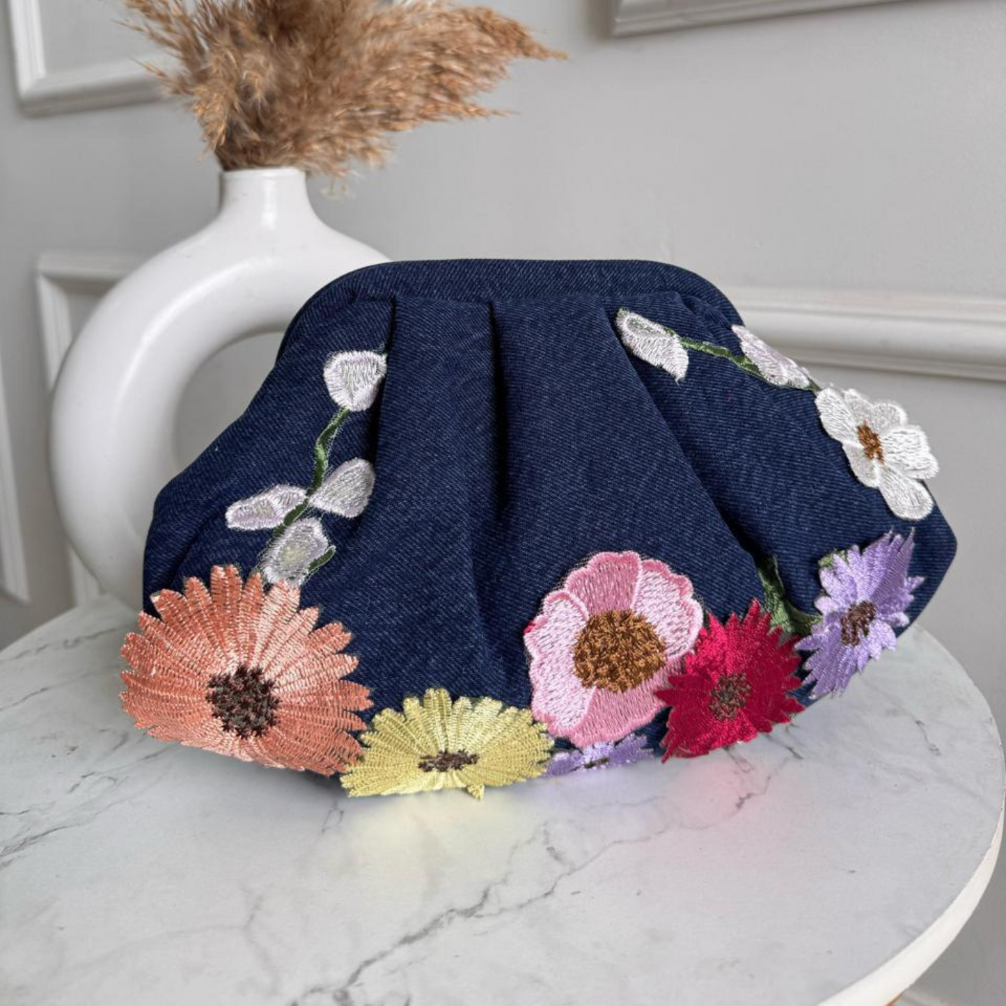 Dusky Florals Denim Clutch