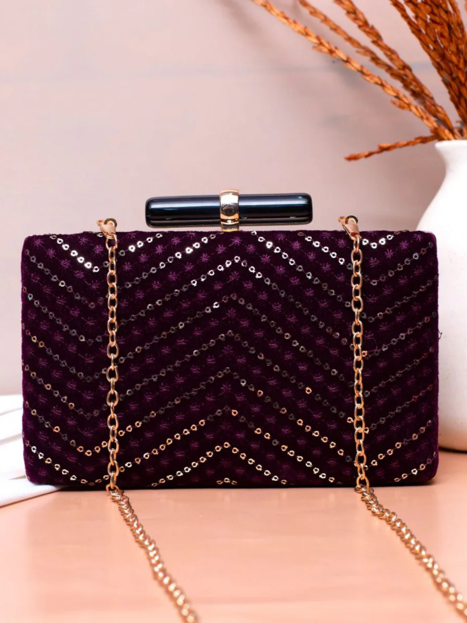 Black Sequins And Thread Embroidery Party Clutch
