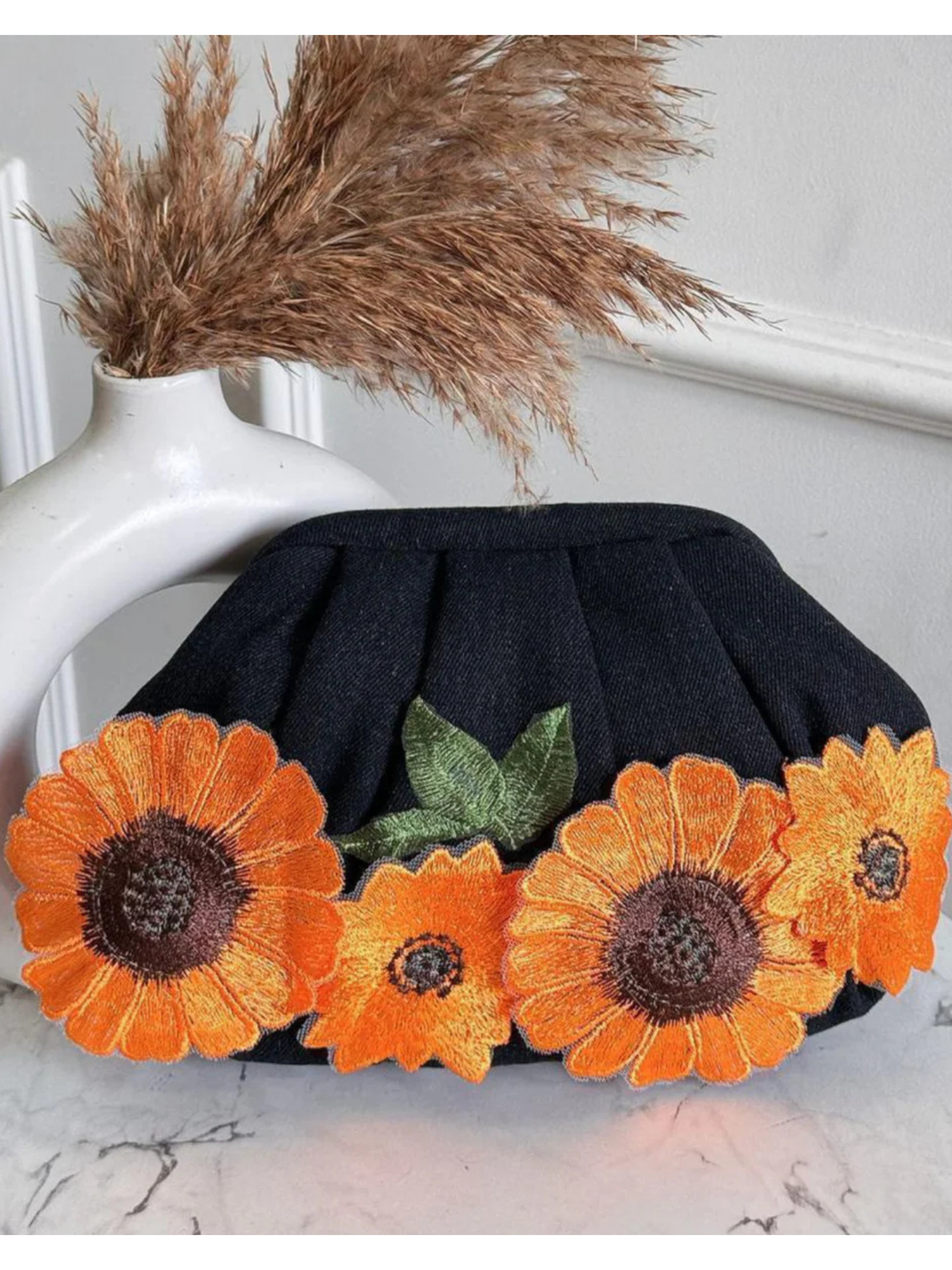 Black Botanique Denim Clutch