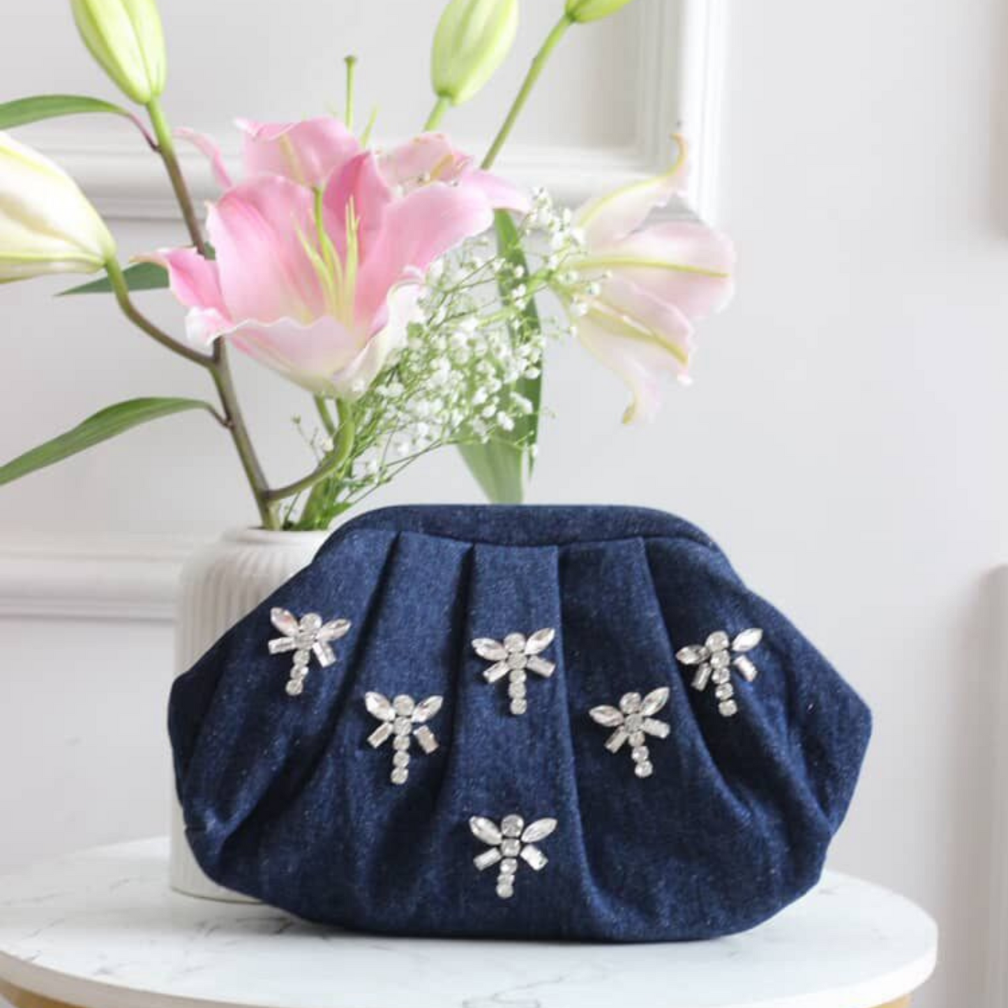 Navy Dream Crystal Wing Denim Clutch