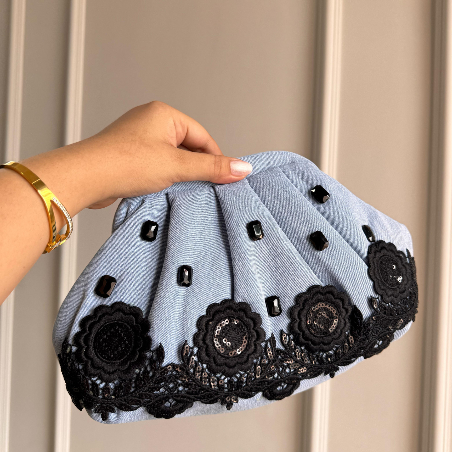 Noir Bloomstone Denim Clutch