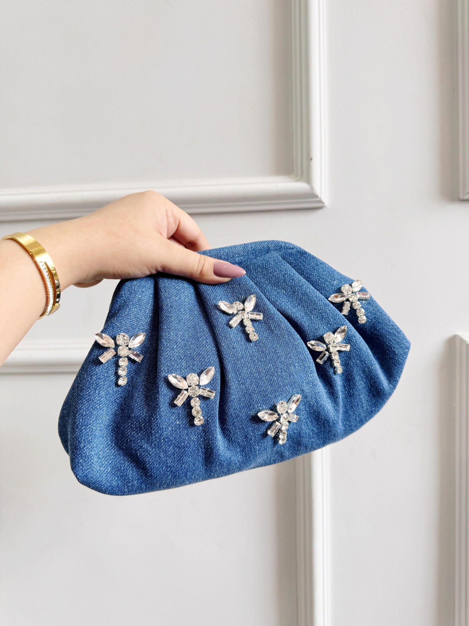 Denim Dusk Crystal Wing Clutch