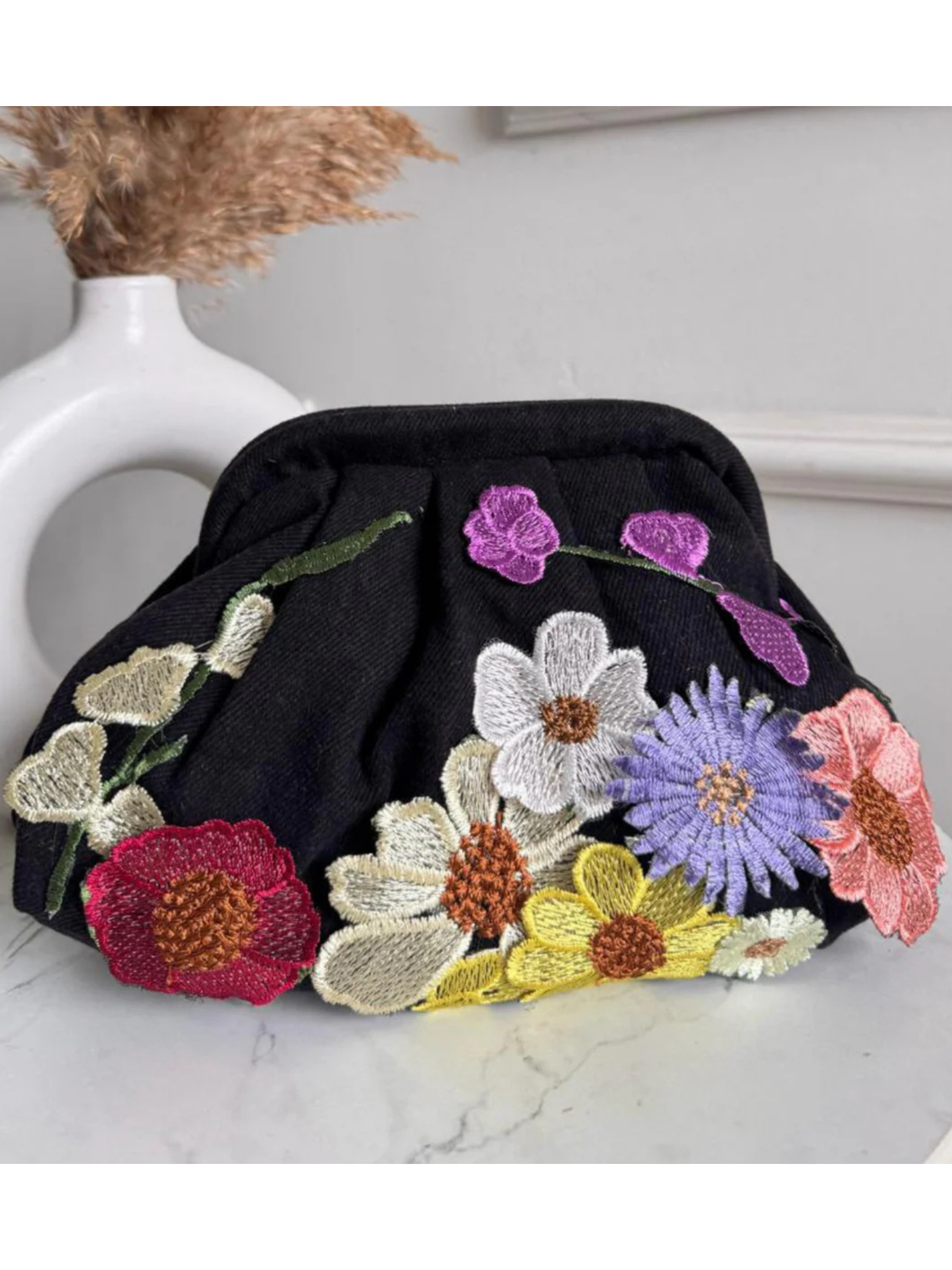 Black Botanique Denim Clutch