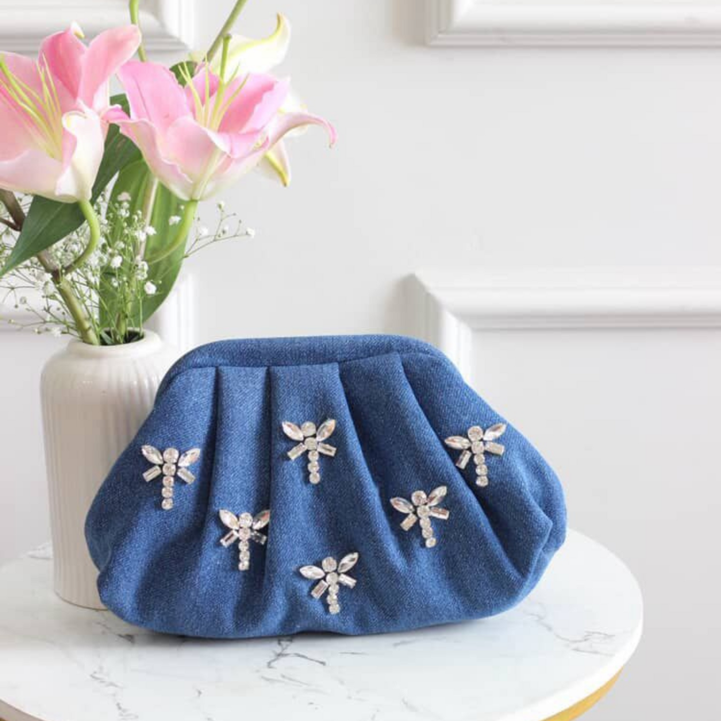 Denim Dusk Crystal Wing Denim Clutch