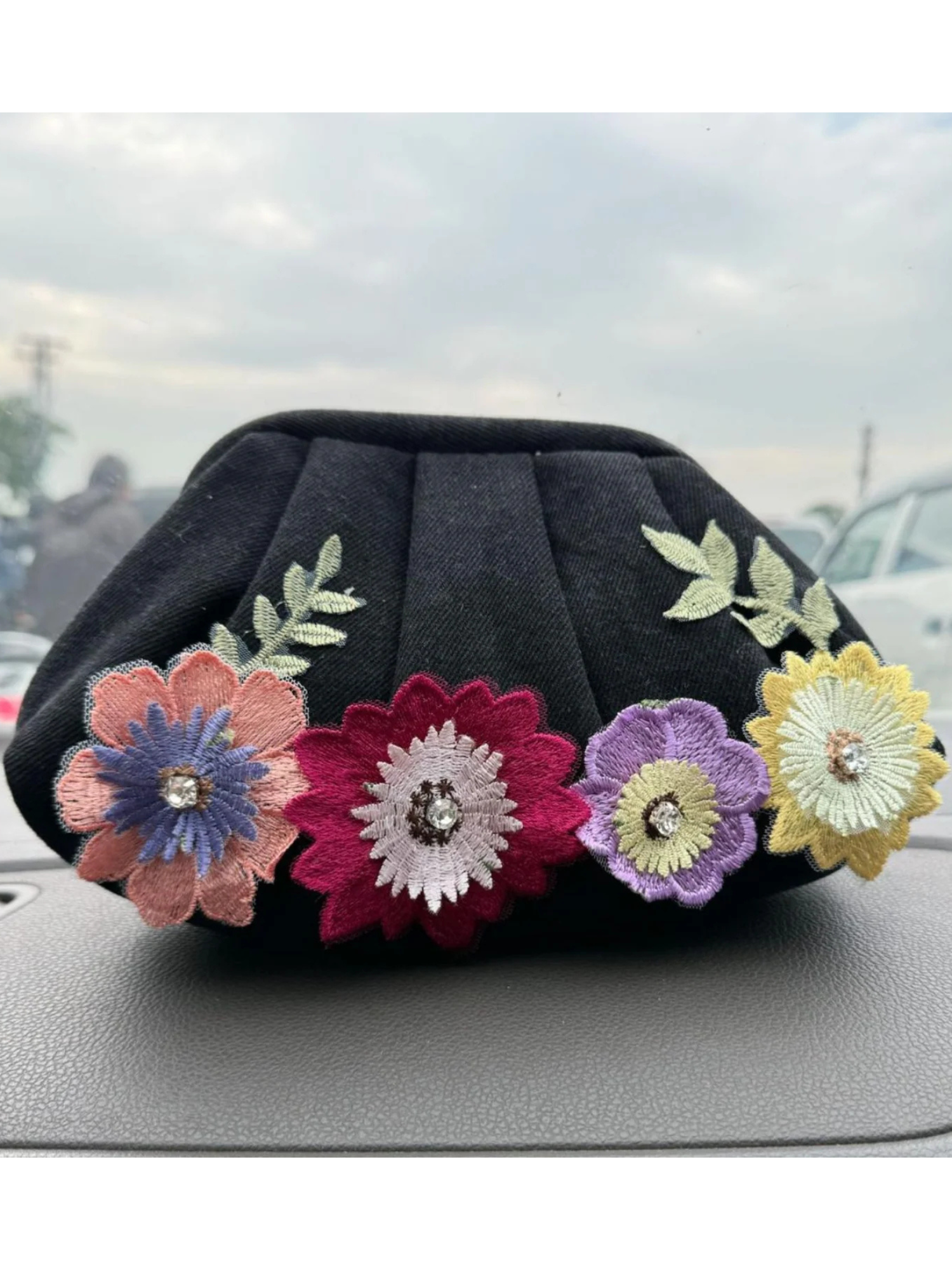 Black Botanique Denim Clutch