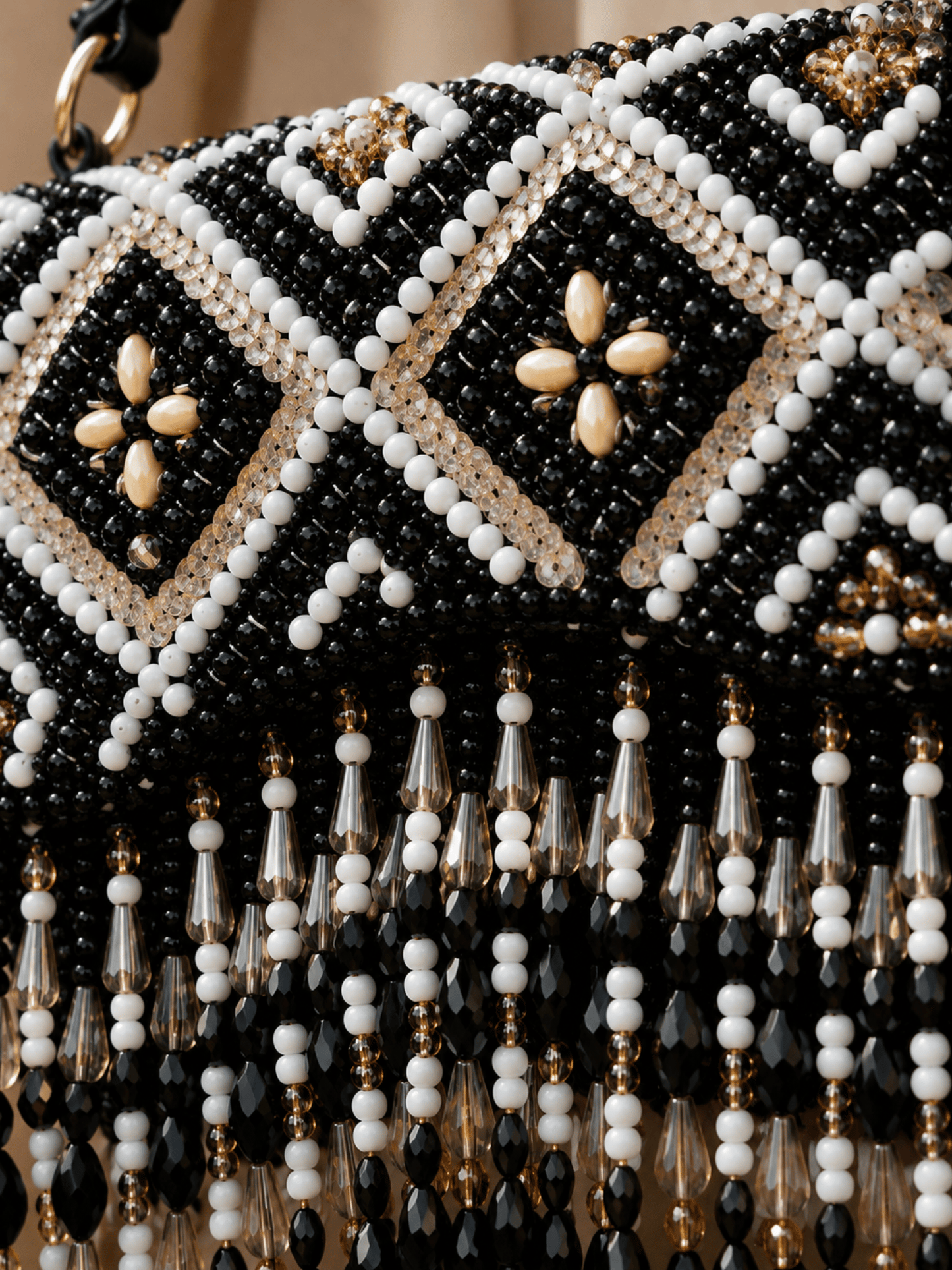 Ivory Pearl Embroidered Fringe Handbag