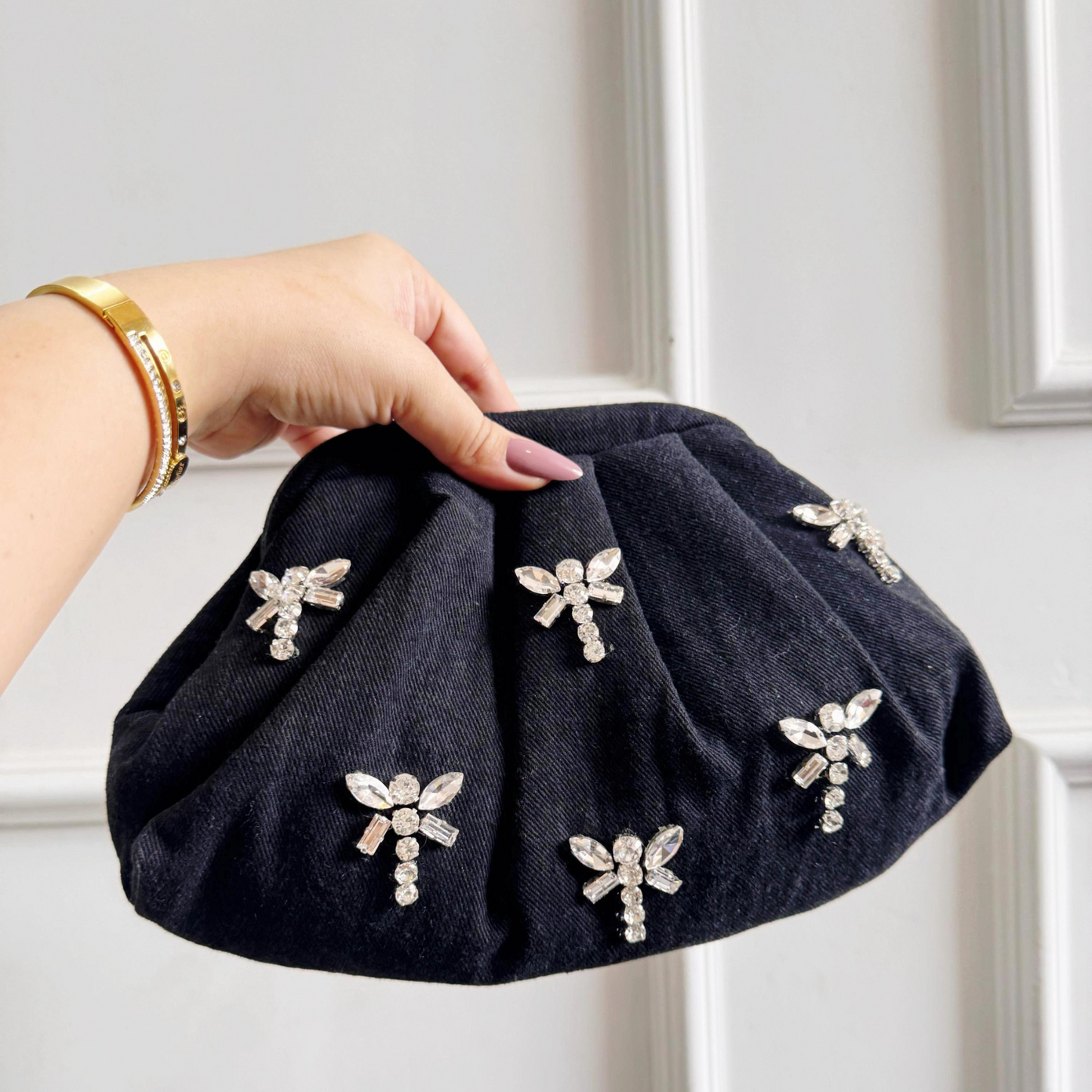 Midnight Black Crystal Wing Denim Clutch