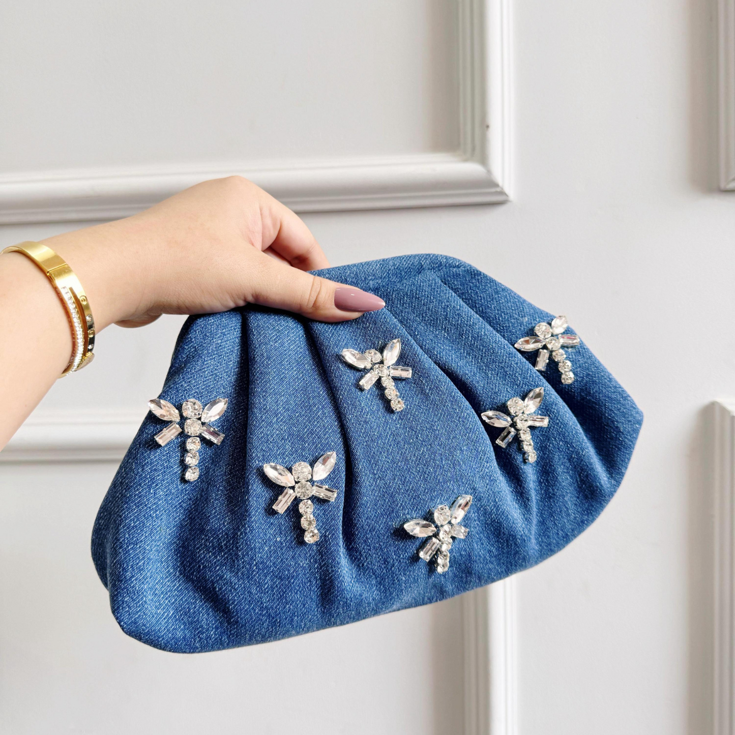 Denim Dusk Crystal Wing Denim Clutch