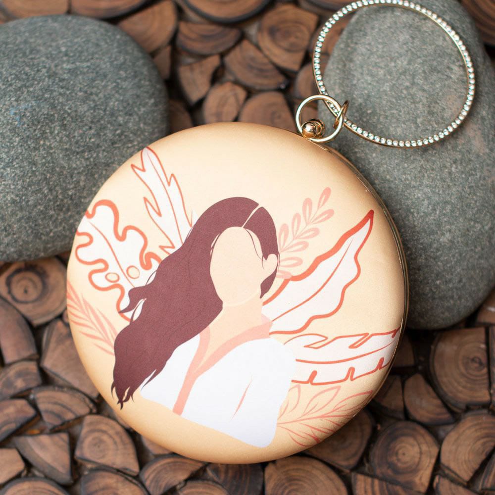 Brown Hair Woman Round Printed Clutch