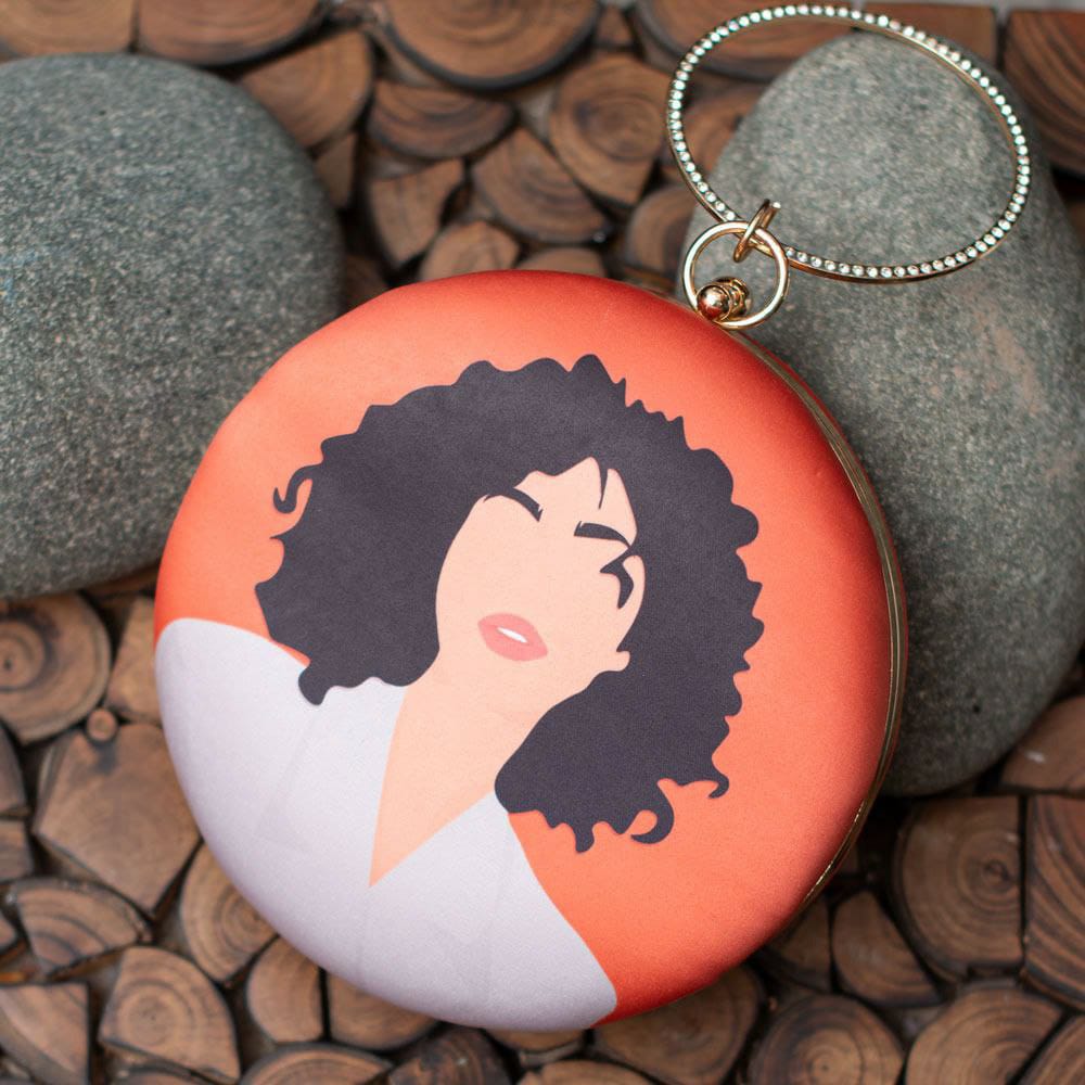 Black Hair Woman Round Printed Clutch