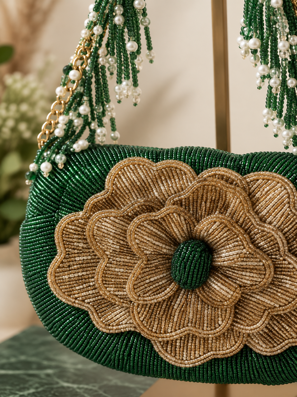 Emerald Bloom Beaded Bag