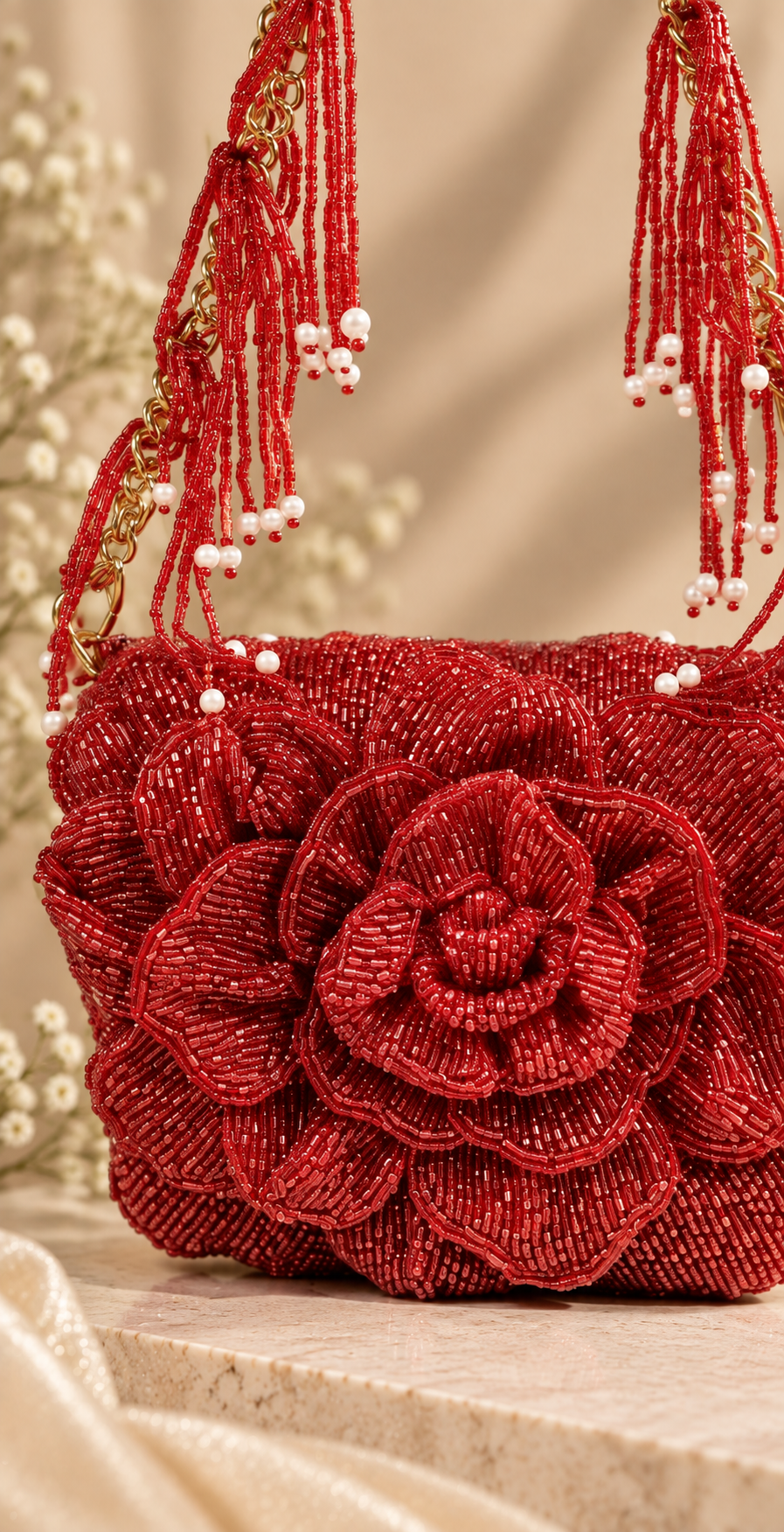 Crimson Bloom Beaded Bag