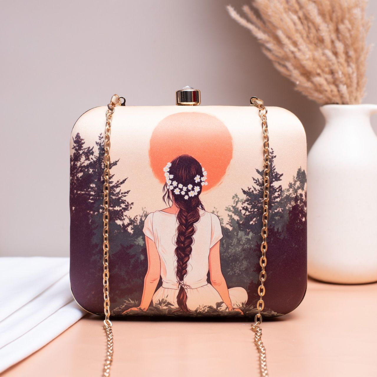 Beige Based Girl Portrait Printed Clutch