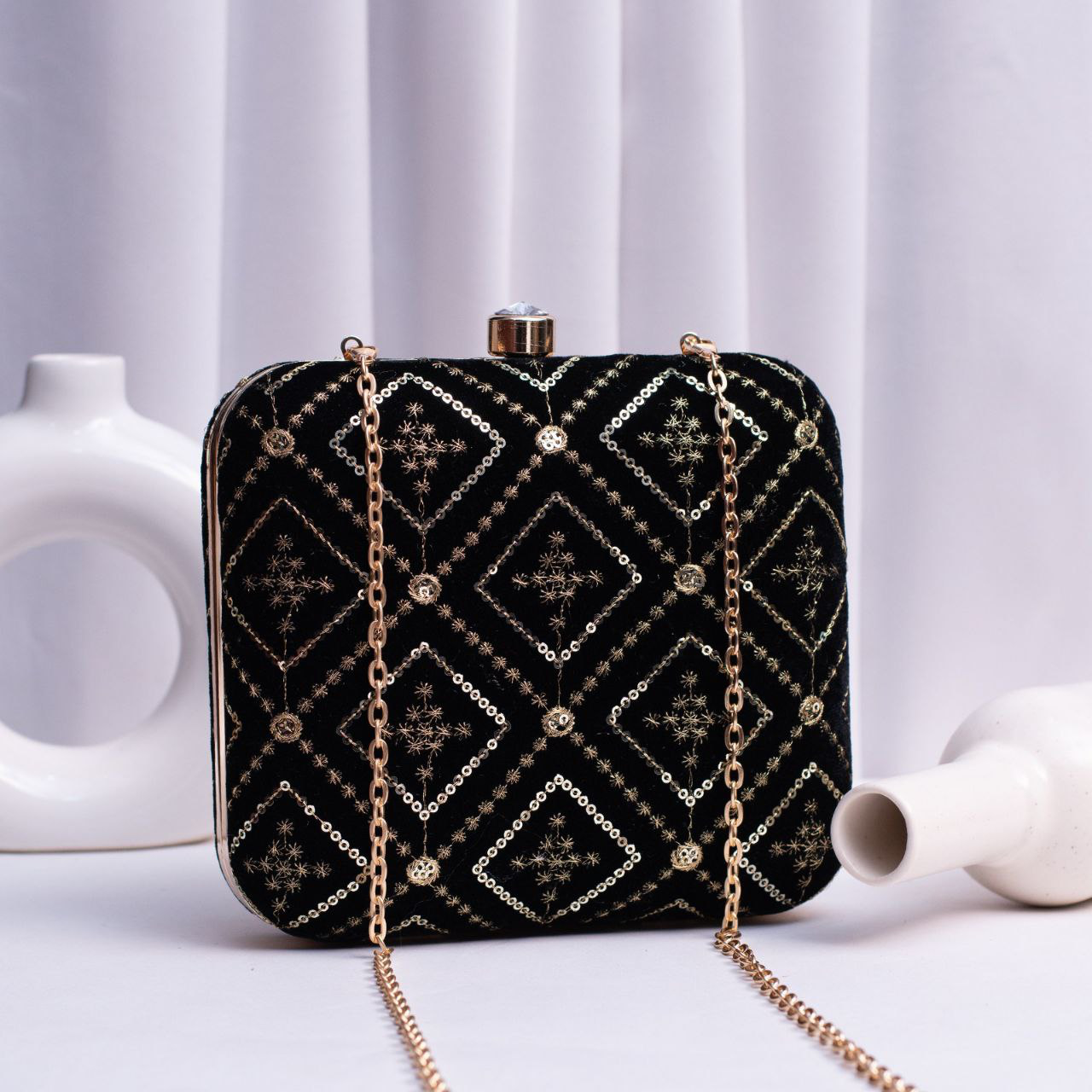 Black And Gold Embroidery Party Clutch