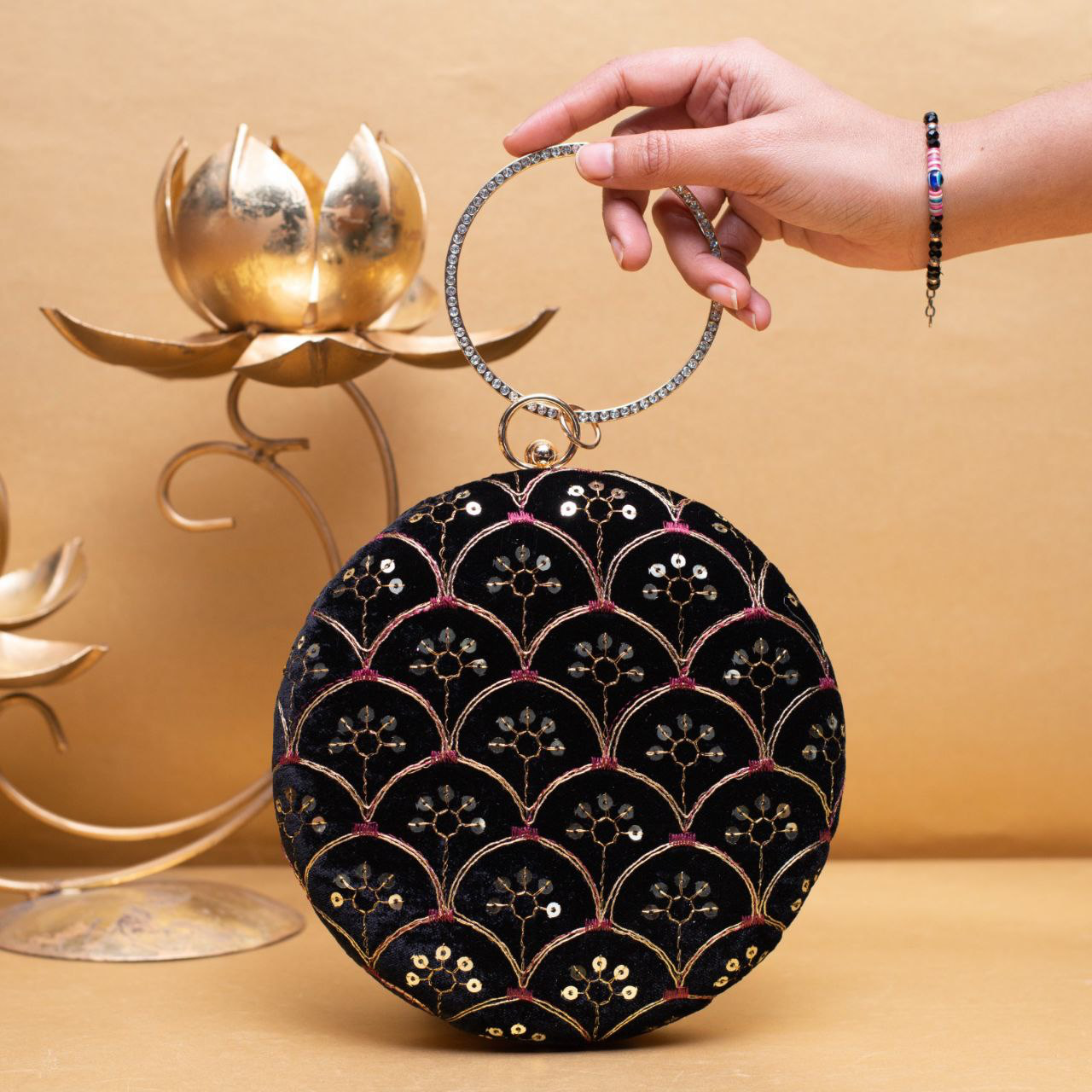 Black And Pink Threadwork Sequins Embroidery Round Clutch