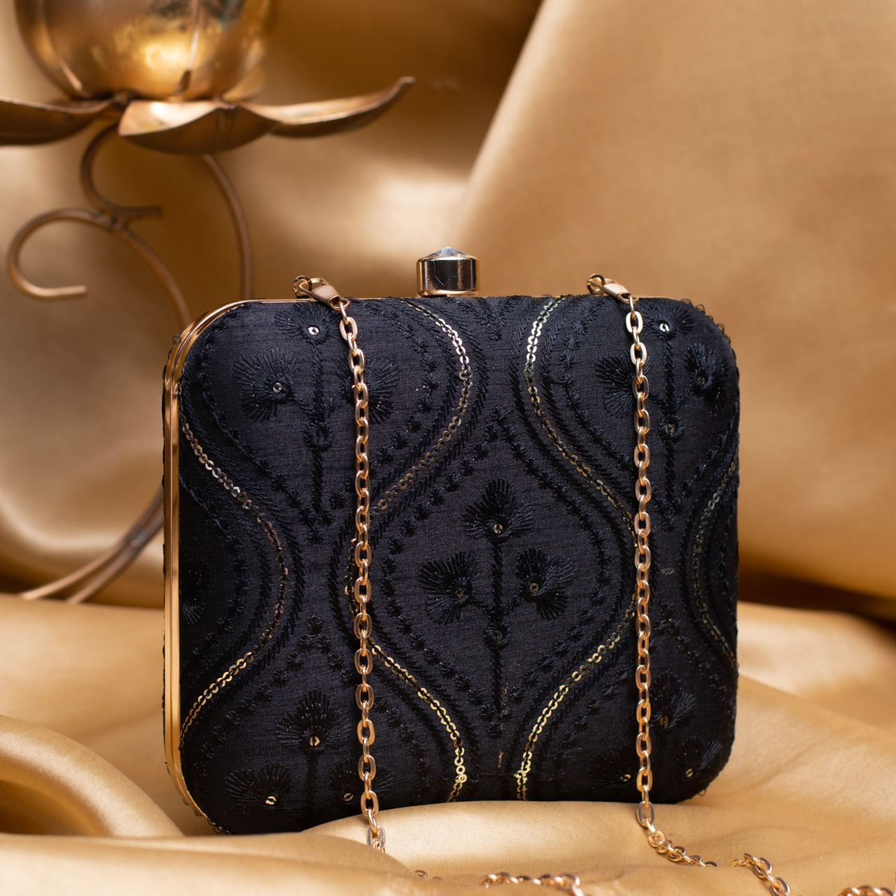 Black Based Golden Sequins And Threadwork Embroidery Clutch