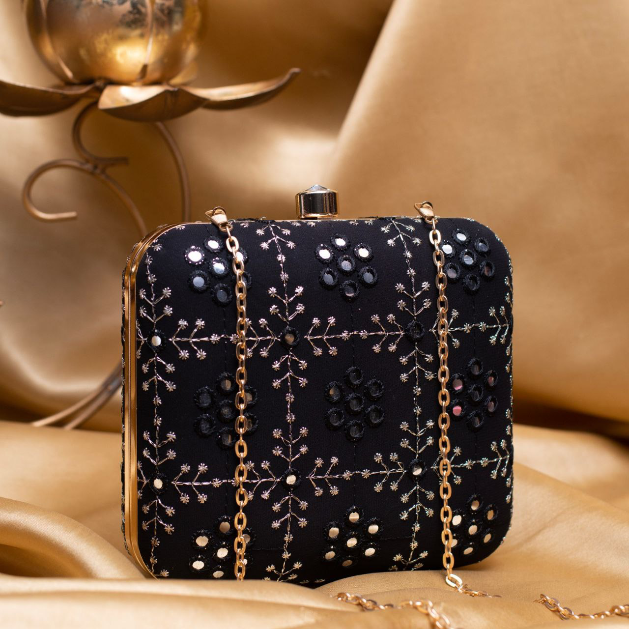 Black Based Sequins And Threadwork Embroidery Clutch