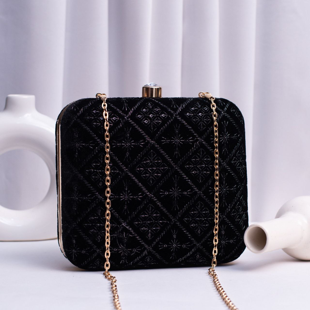 Black Embroidery Party Clutch