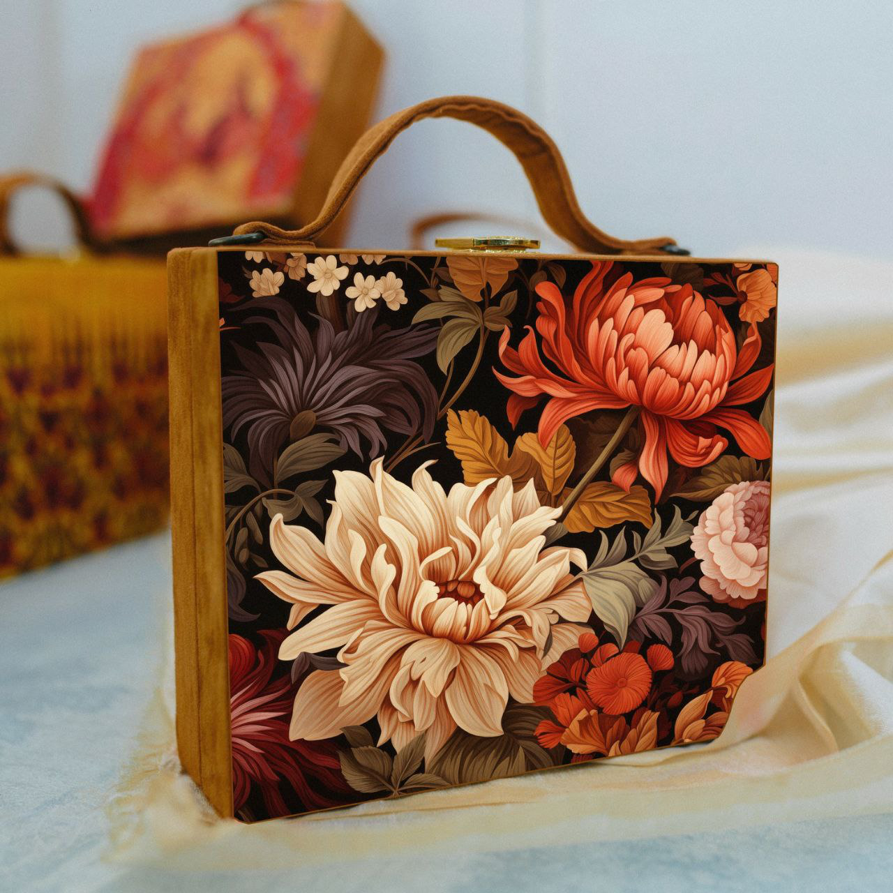 Black Floral Printed Suitcase Style Clutch