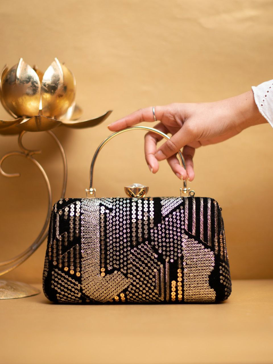 Black Sequins Multipattern Embroidery Party Clutch