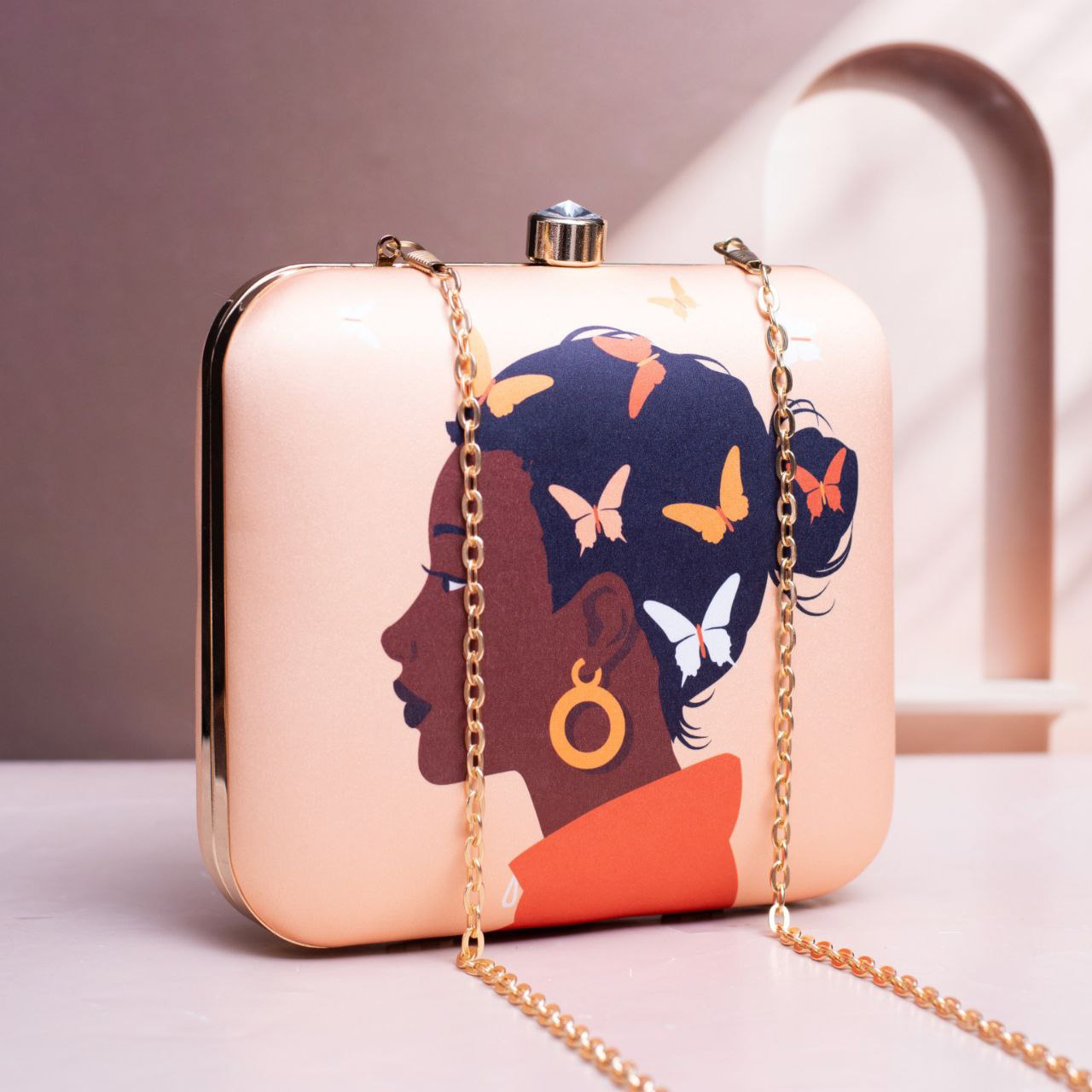 Brown Girl With Butterfly Printed Clutch