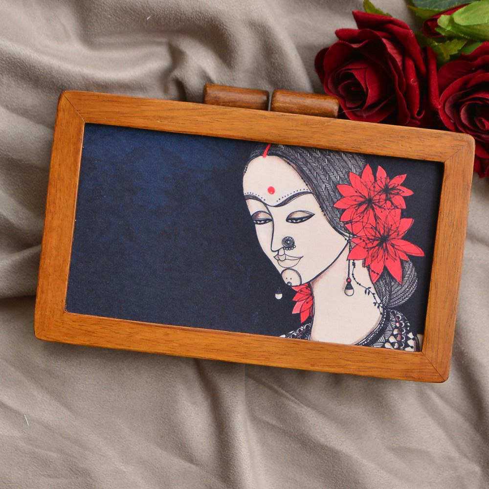 Flower Lady Printed Wooden Clutch