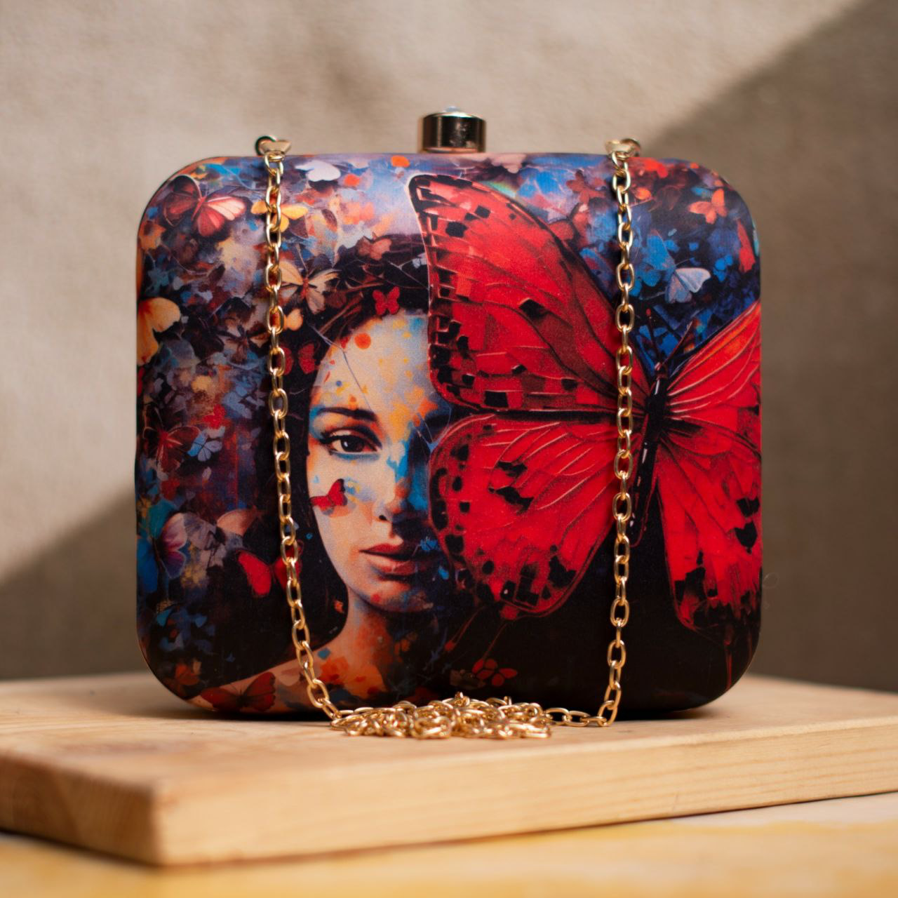 Girl Face With Red Butterfly Printed Clutch