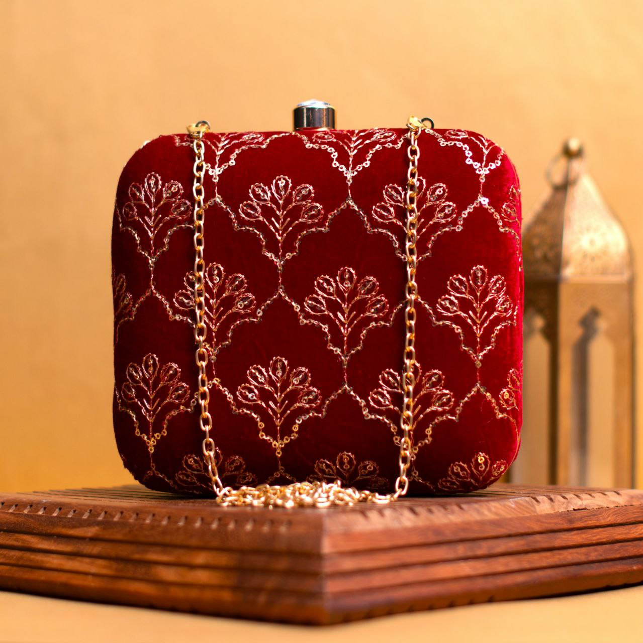 Maroon Based Golden Sequins Embroidery Clutch