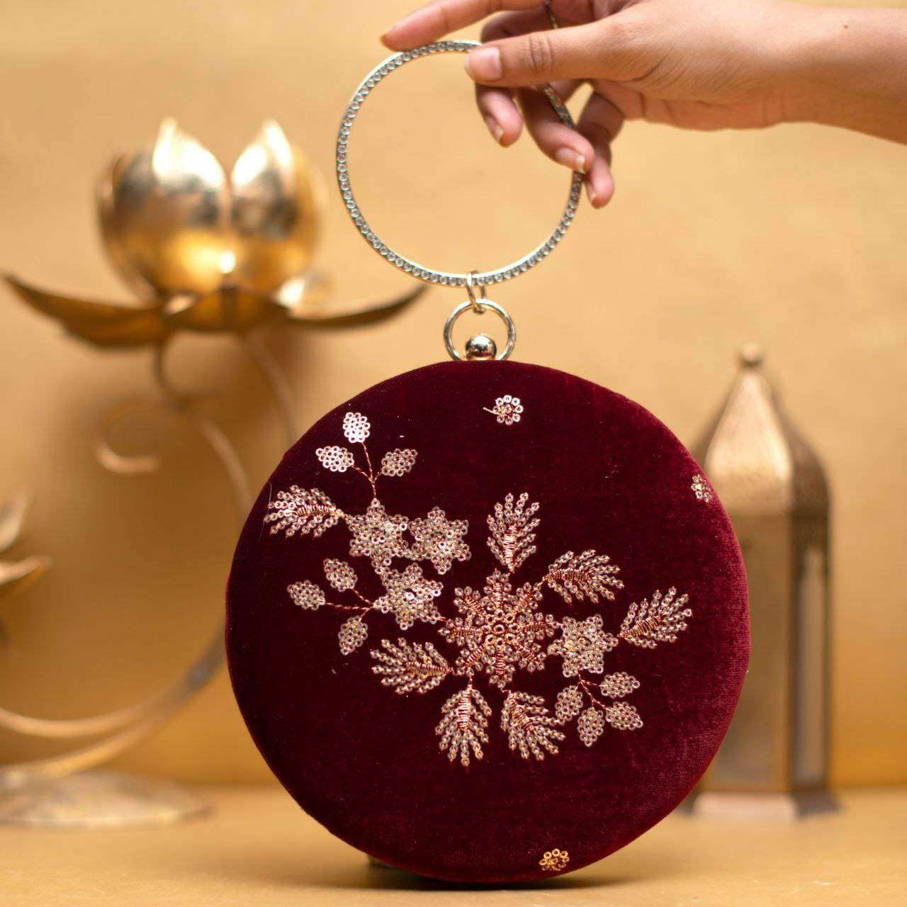 Floral Sequins Embroidery Round Clutch