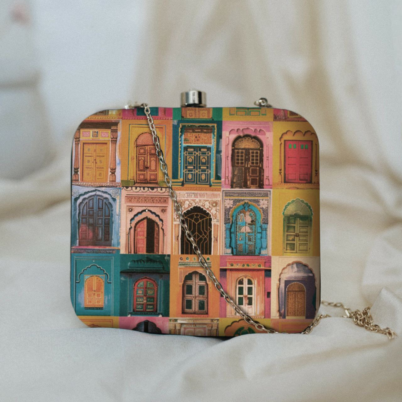 Multicolour Doors Printed Clutch