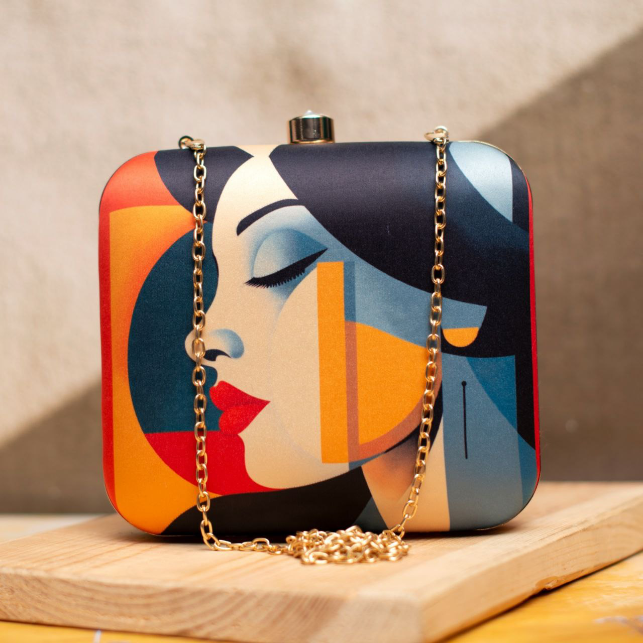 Multicolour Women Portrait Printed Clutch