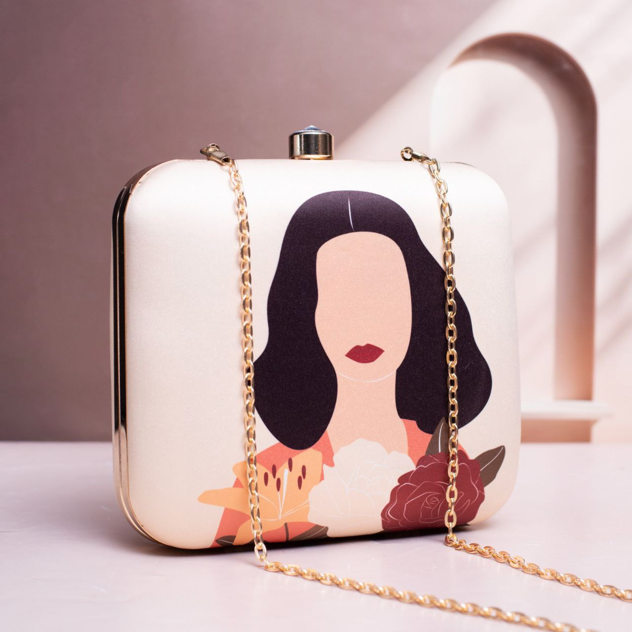 Off White Based Flower Girl Printed Clutch