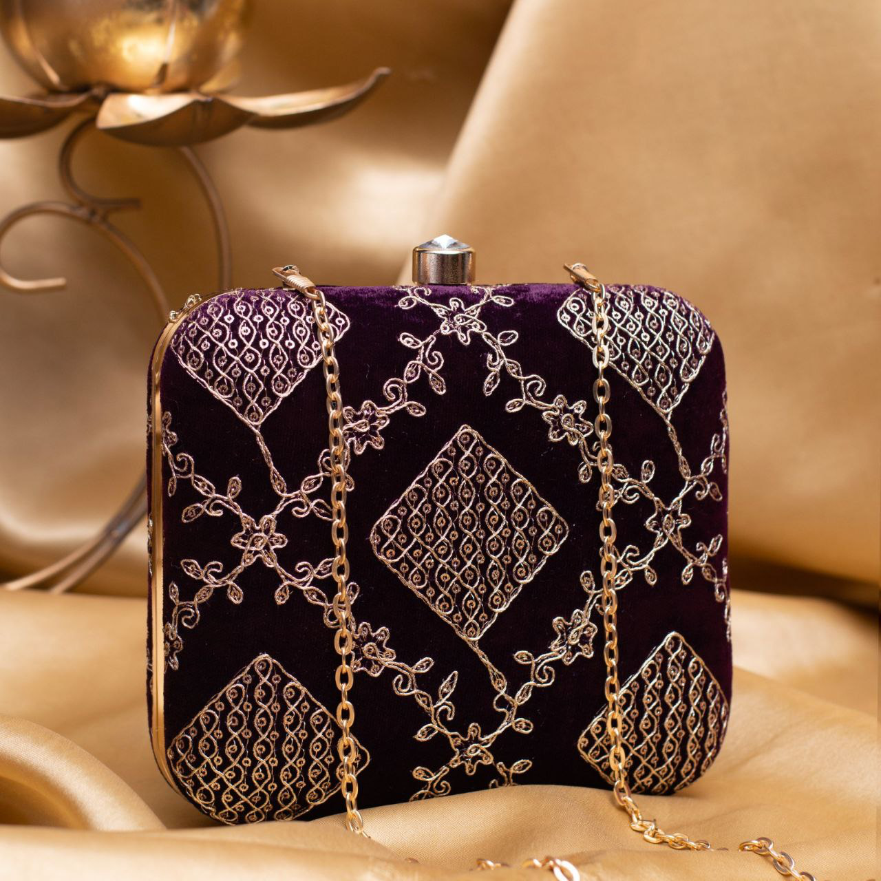 Purple Based Golden Zari Embroidery Clutch