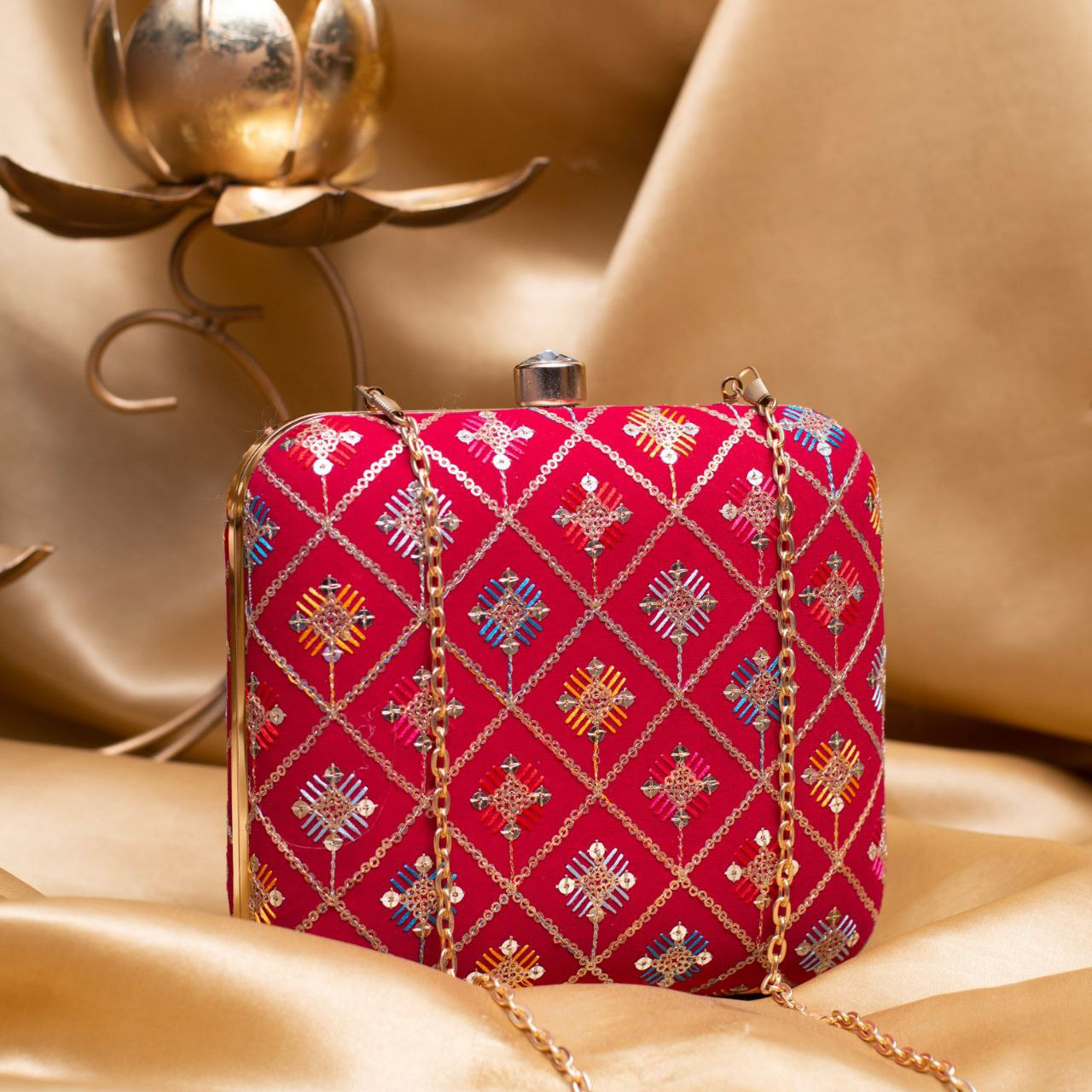 Red Sequins Embroidery Clutch