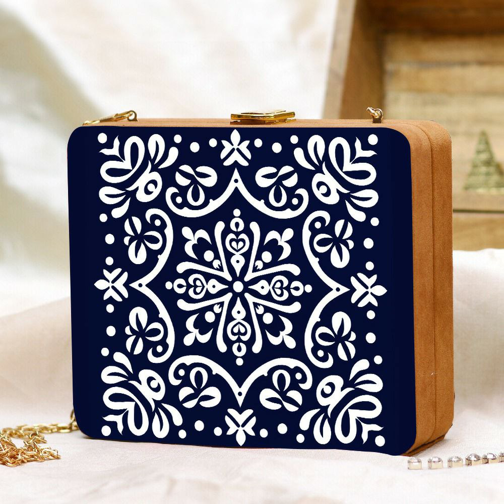 White Mandala With Blue Base Printed MDF Clutch