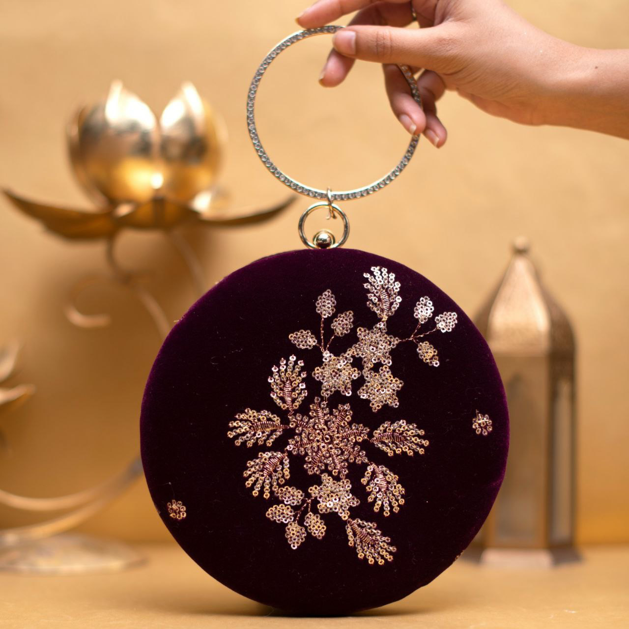 Floral Sequins Embroidery Round Clutch