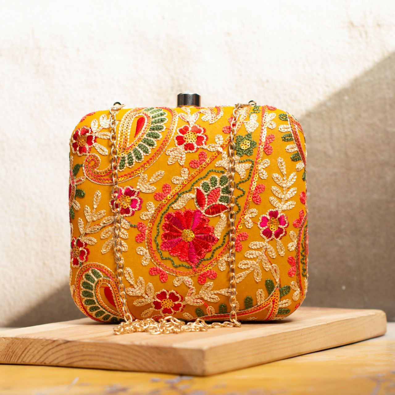 Yellow Multicolor Threadwork Embroidery Clutch