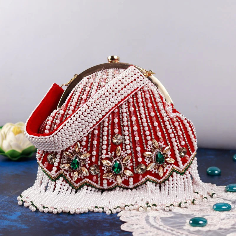 Red Embroidered Pearl Beads Potli Clutch