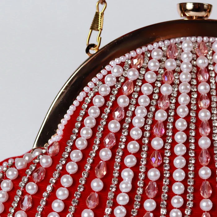 Red Embroidered Pearl Beads Potli Clutch