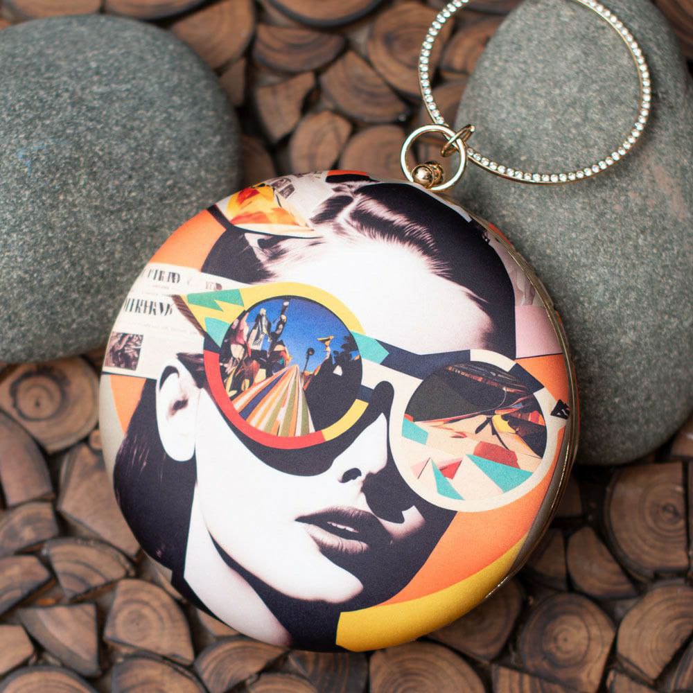 Quirky Woman Round Printed Clutch