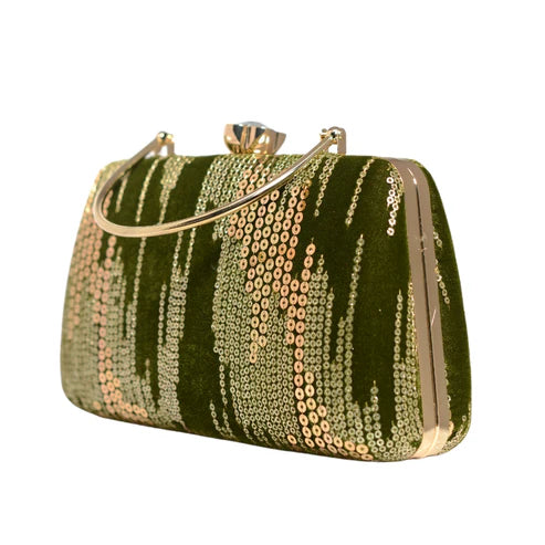 Green Sequins Multipattern Embroidery Party Clutch