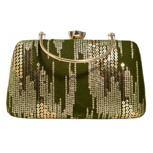 Green Sequins Multipattern Embroidery Party Clutch