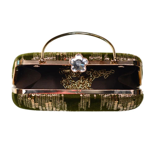 Green Sequins Multipattern Embroidery Party Clutch