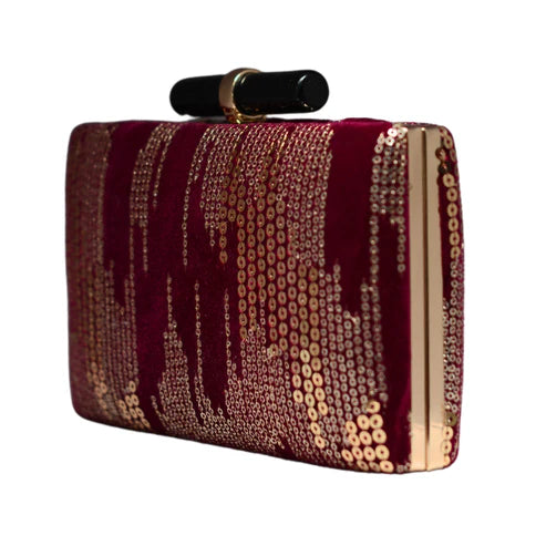 Golden Sequins Maroon Embroidery Clutch